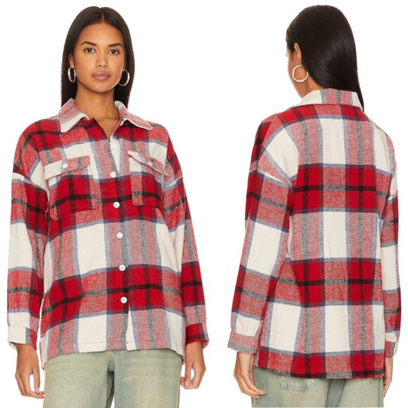 Lovers + Friends Revolve Kaianna Plaid Wool Shacket Women Large Red White Jacket - Picture 1 of 16